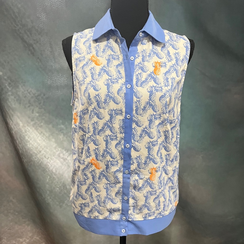 Cremieux Womens Sleeveless Pineapple Print Button Down Blouse Blue Orange Size M